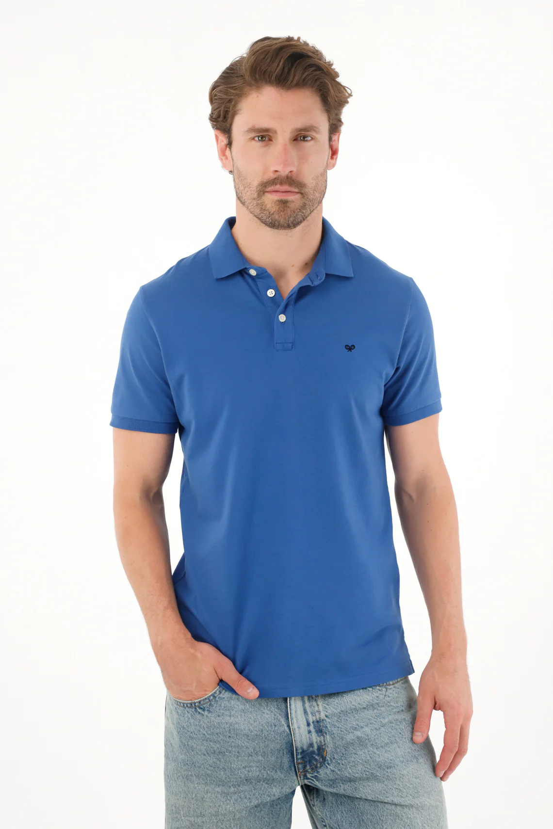 Men's Blue Pique Cotton Stretch Polo
