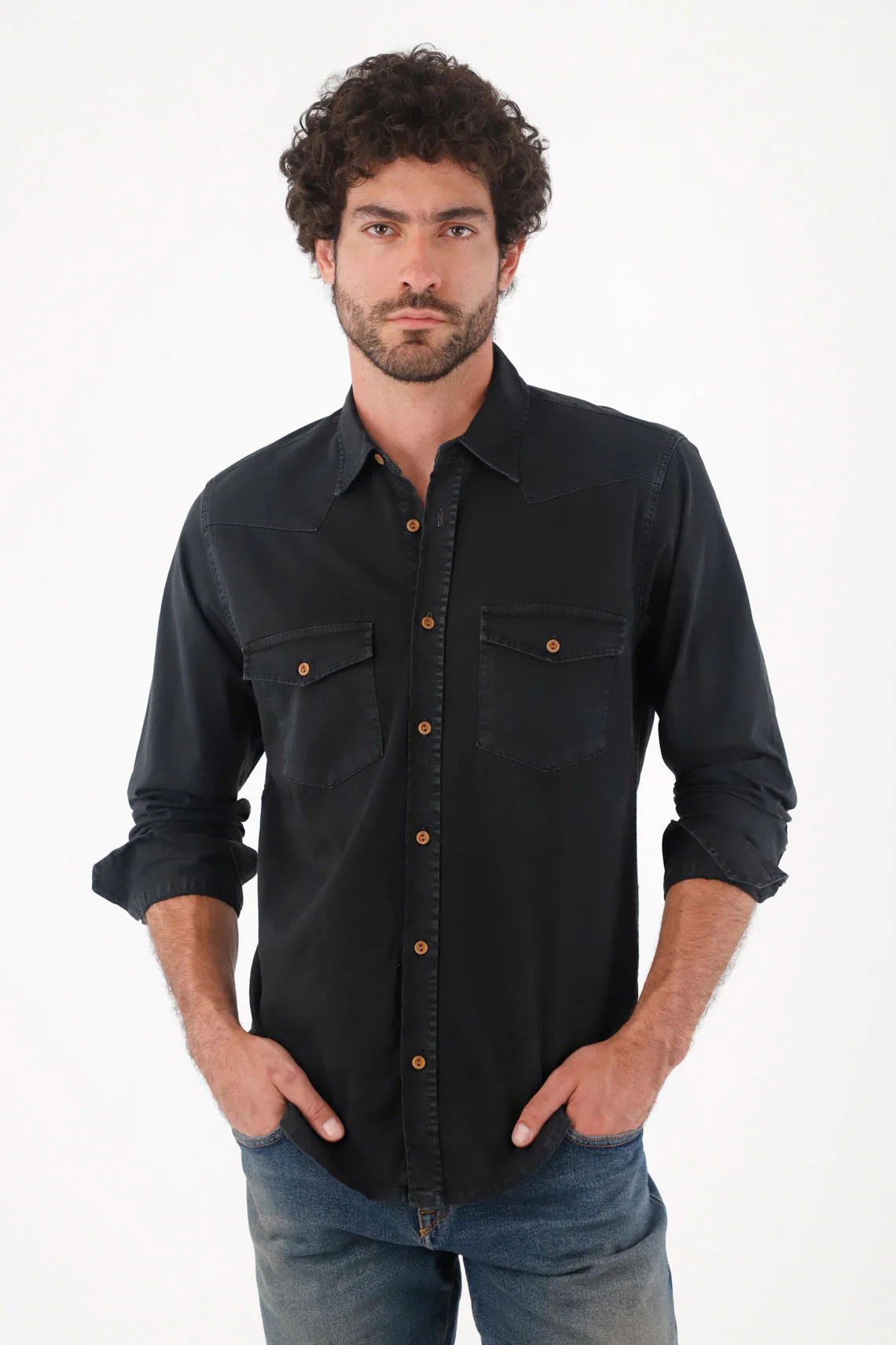 Shirt in denim with pockets black for men - Image 3