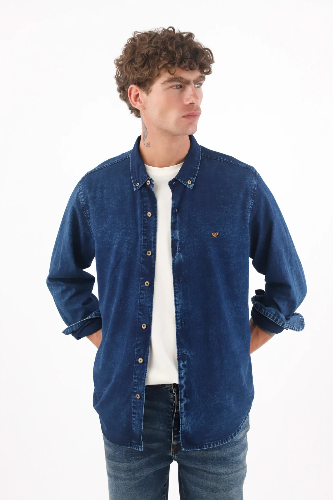 Shirt for men indigo cotton relaxed fit with wash - Image 2