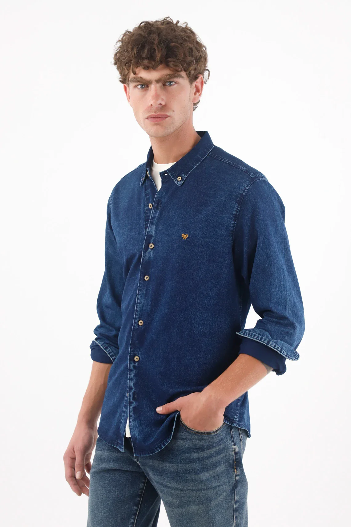 Shirt for men indigo cotton relaxed fit with wash - Image 3