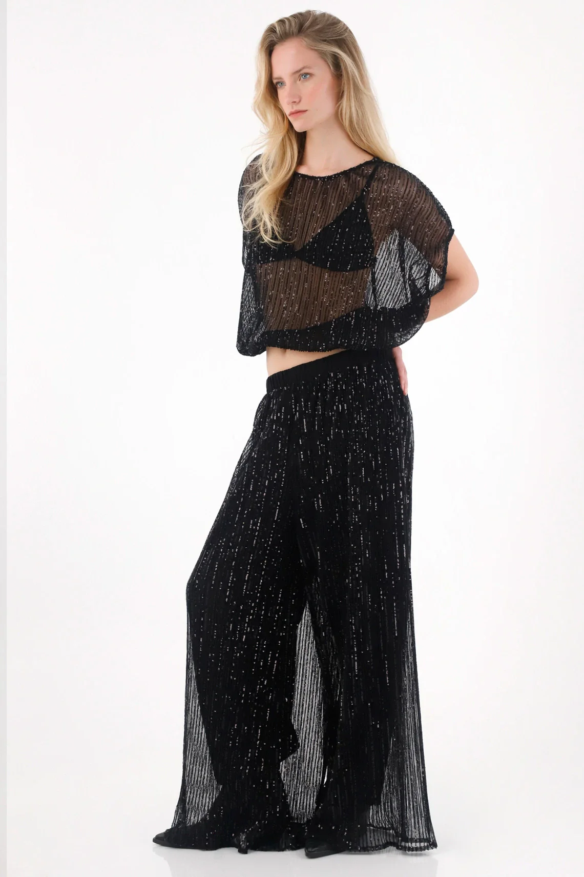 Sequined Black See-Through Shirt for Women - Image 2