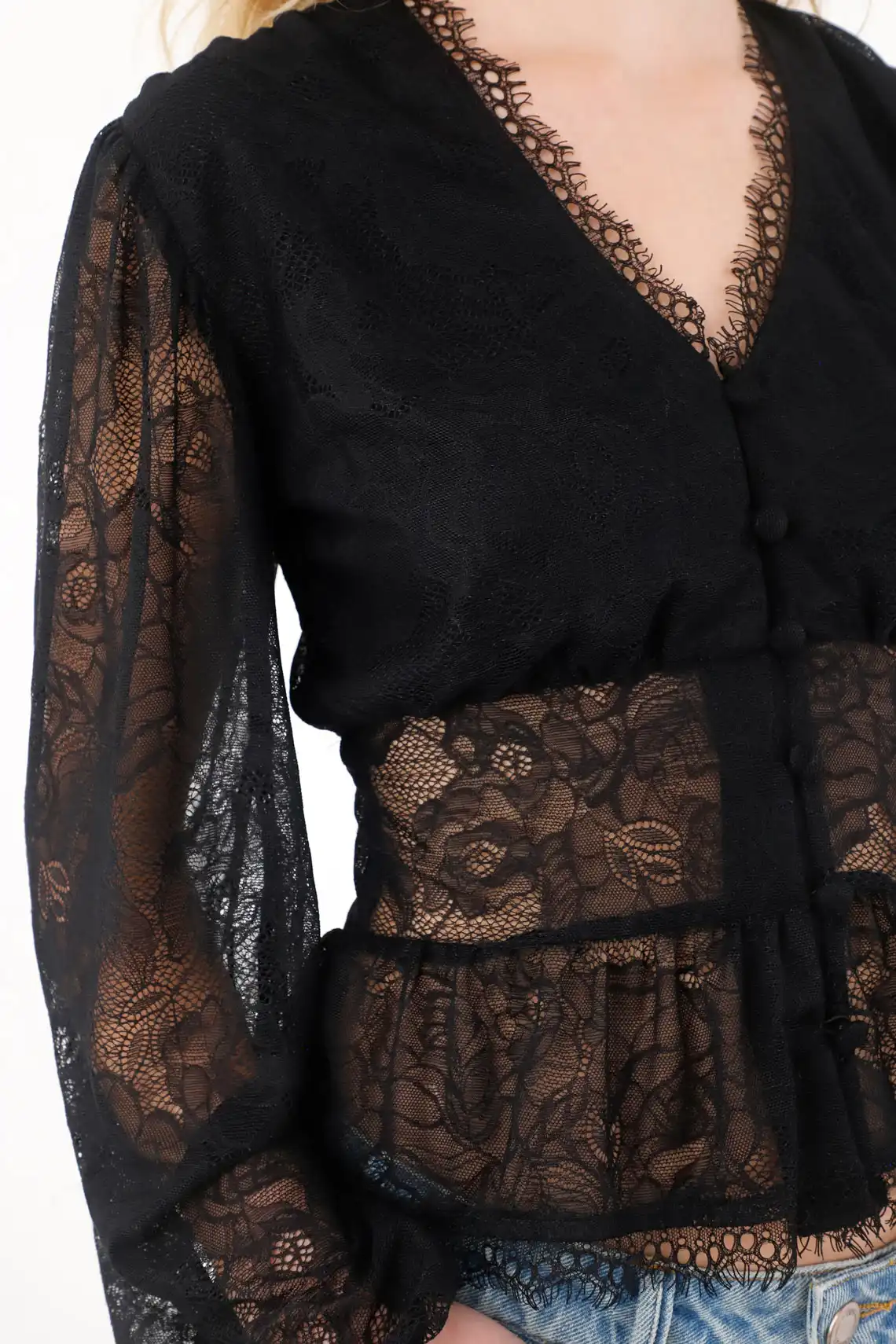 Long Sleeve Shirt with Lace in Black for Women - Image 3