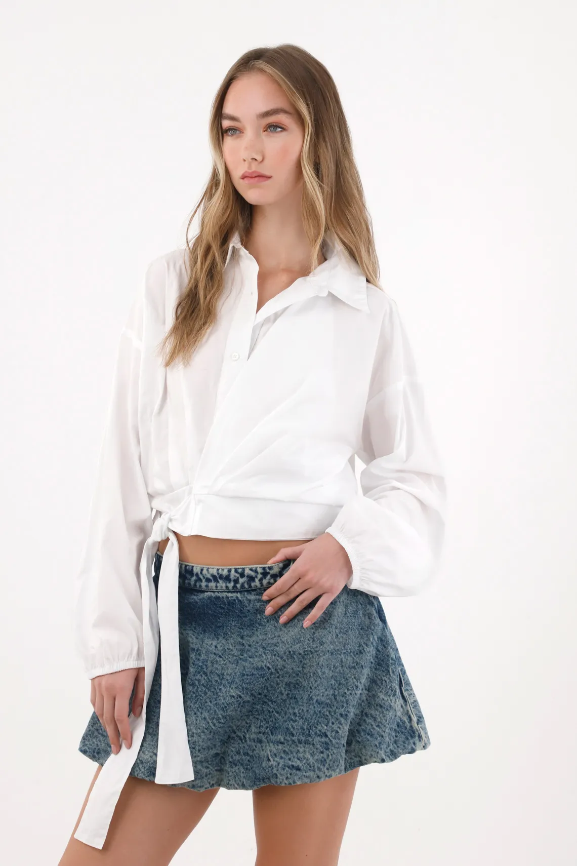Shirt in poplin with tie belt in white for Women