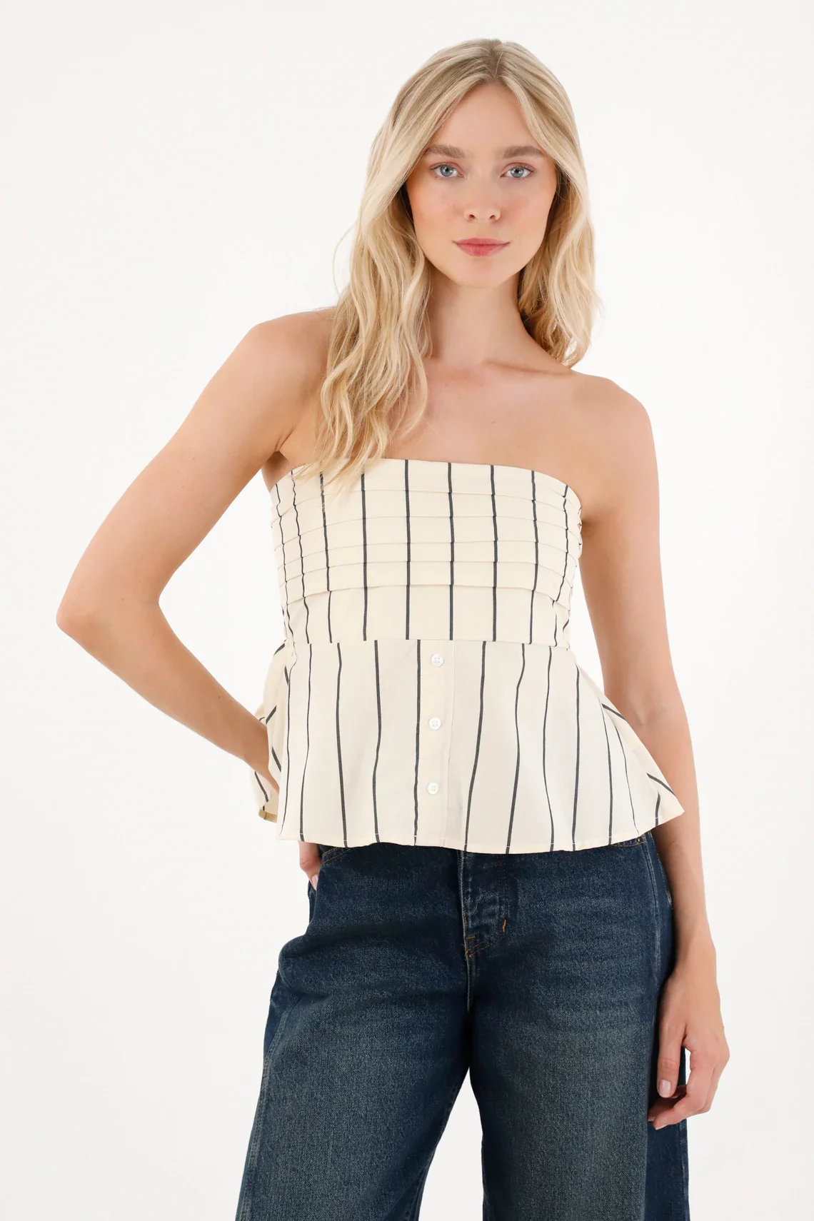 Strapless Shirt with Decorative Pleats Off-White for Women - Image 3