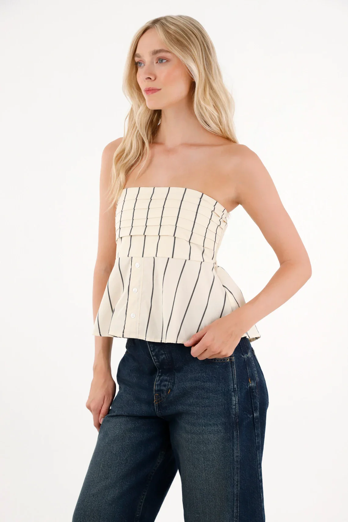 Strapless Shirt with Decorative Pleats Off-White for Women - Image 5