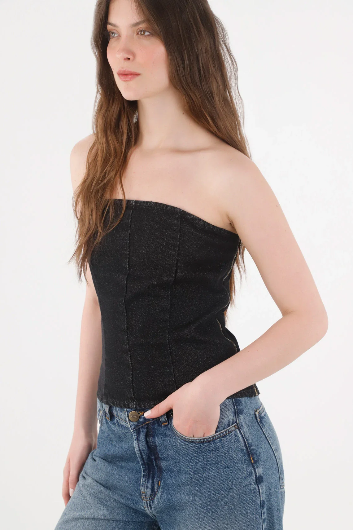Black denim strapless shirt for women - Image 3