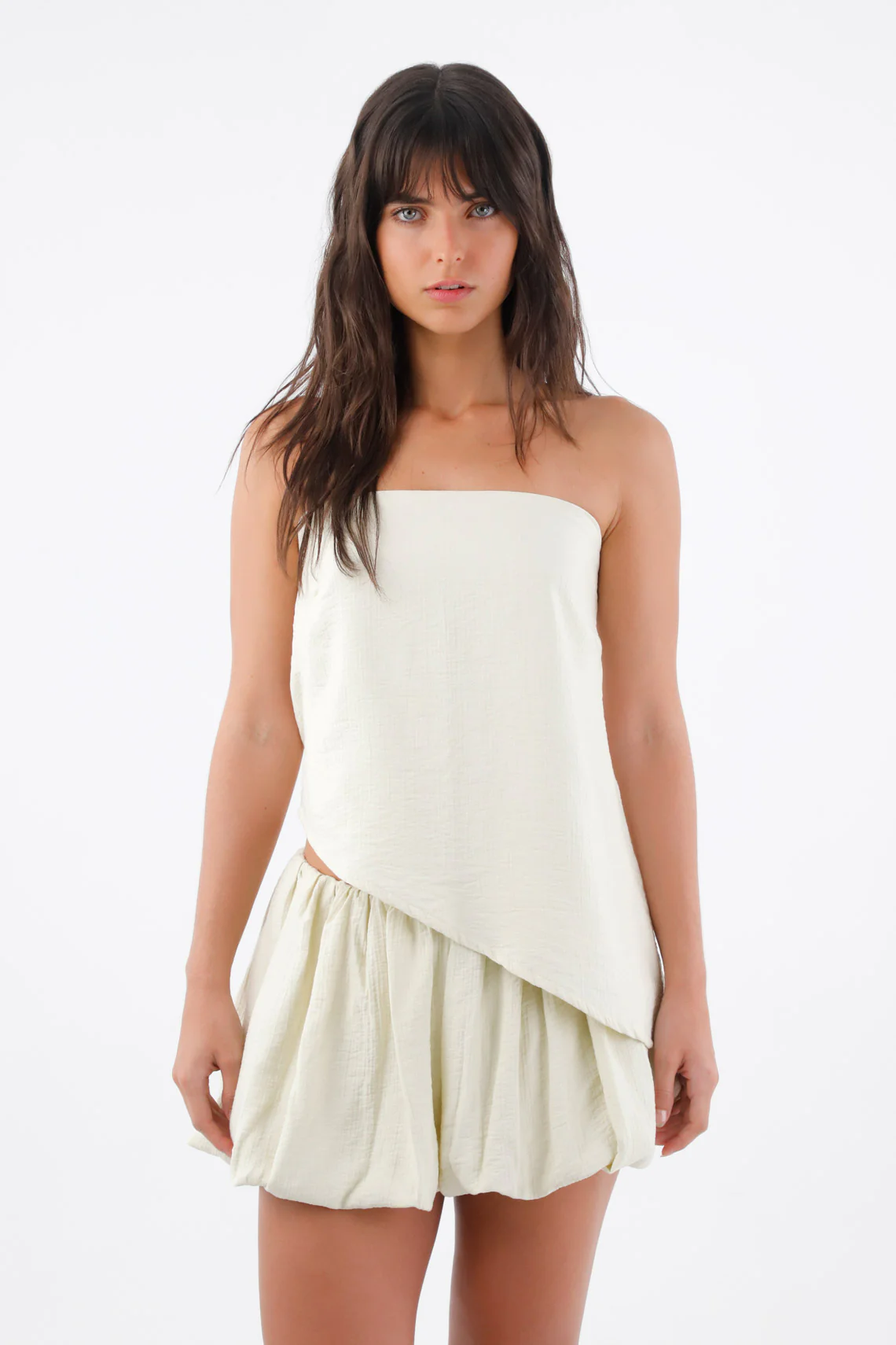Ivory Strapless Top for Women in Lightweight Fabric with Asymmetrical Hem