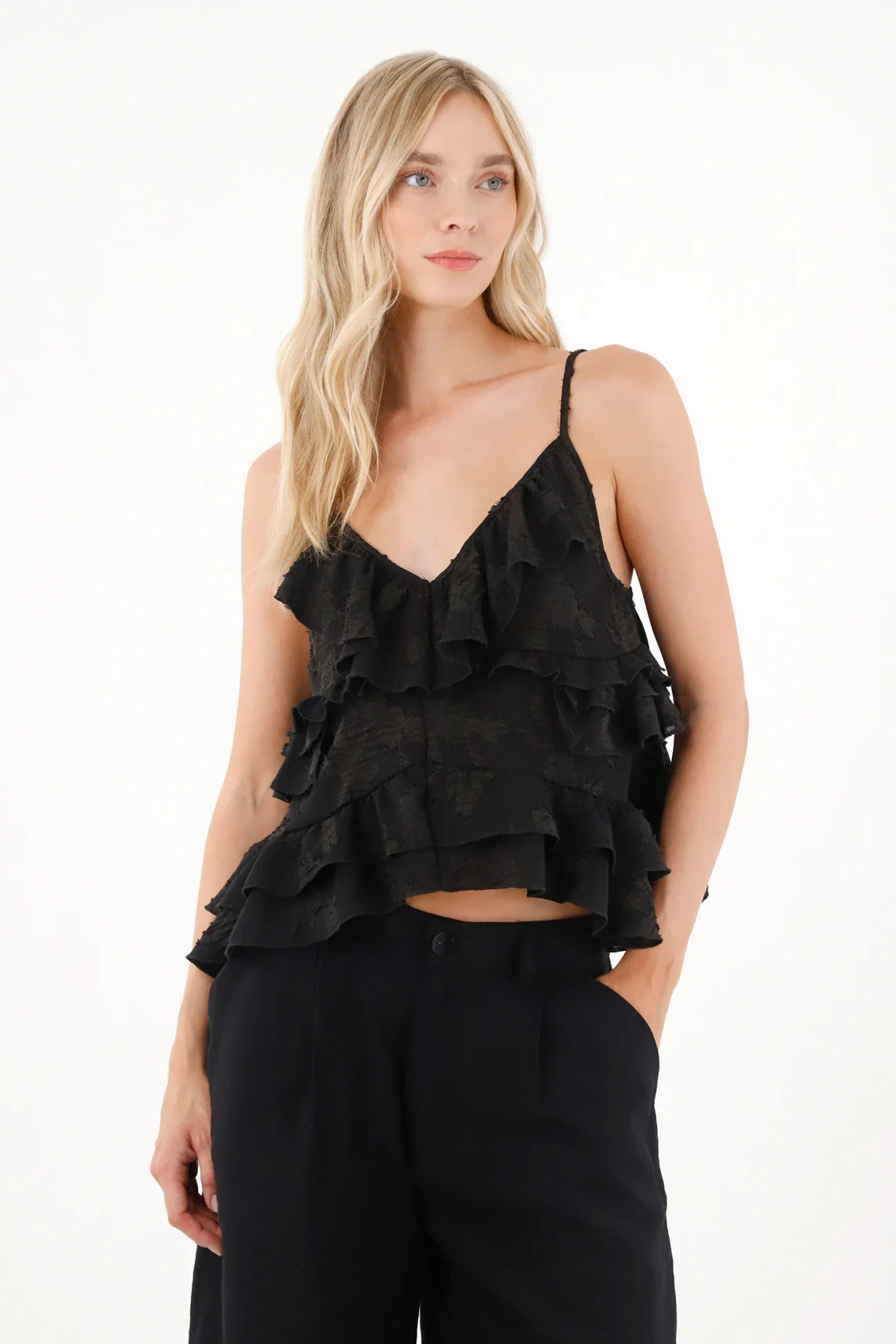 Shirt in Embroidered Fabric with Ruffles Black for Women