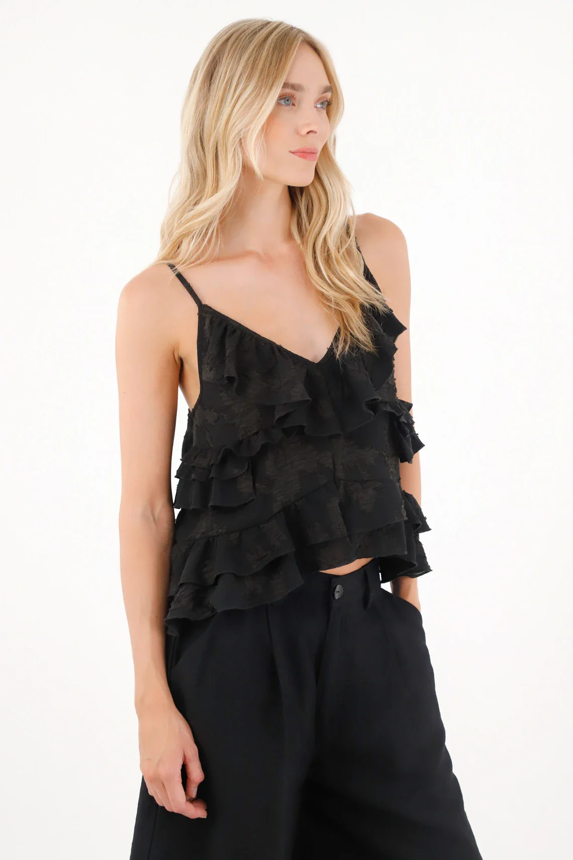 Shirt in Embroidered Fabric with Ruffles Black for Women - Image 3