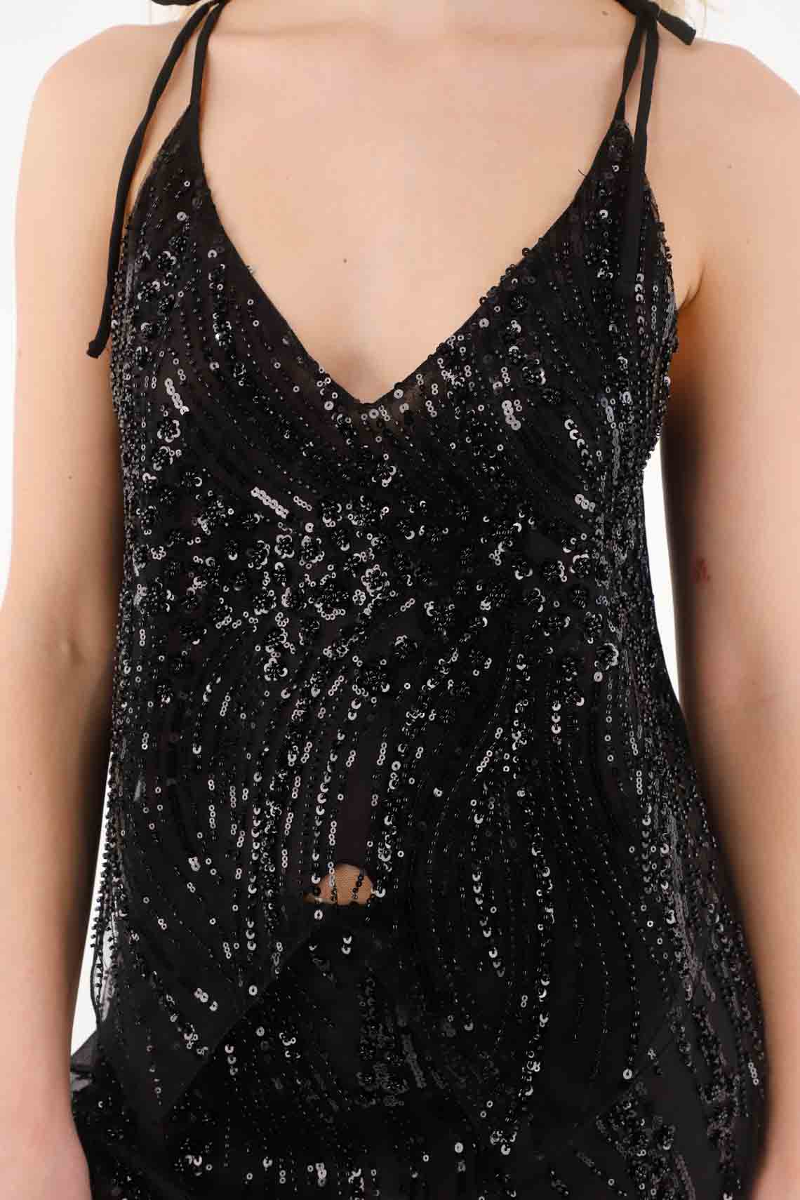 Black Sequin Detail Spaghetti Strap Shirt for Women - Image 2