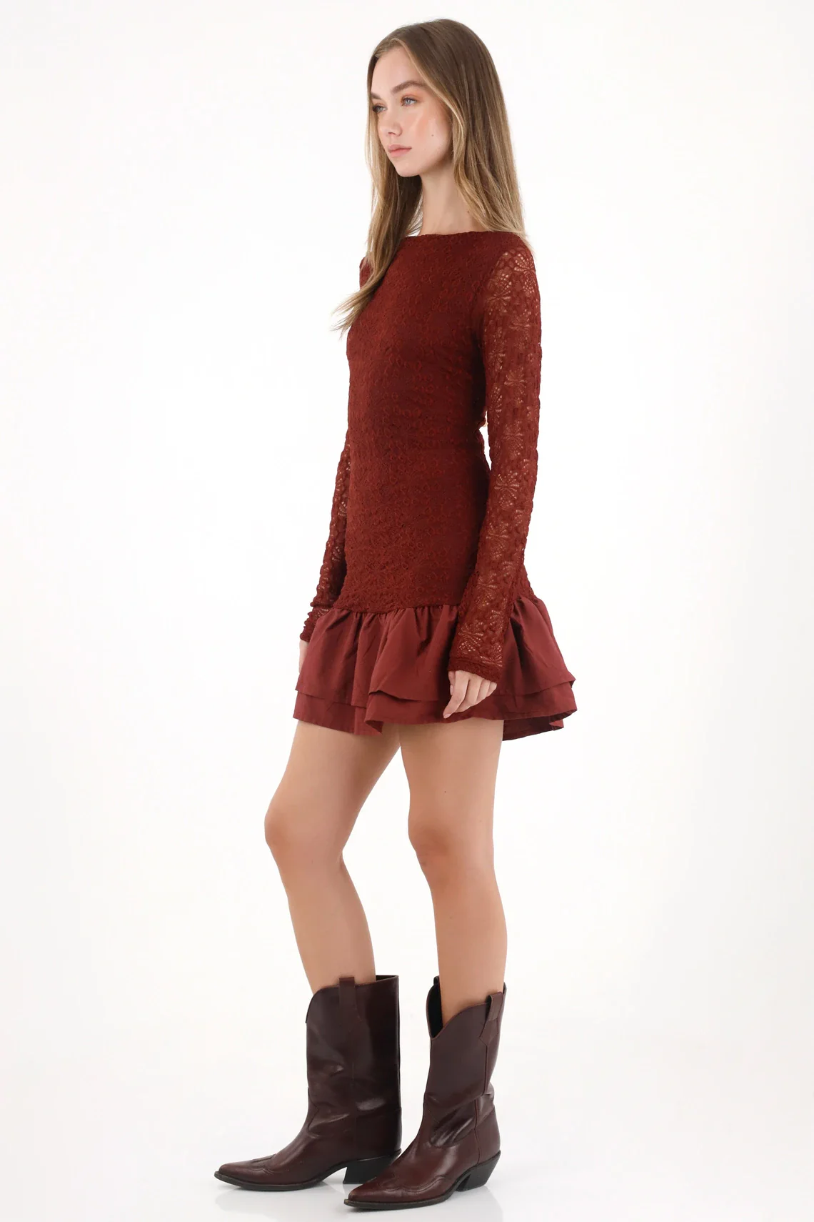 Short Dress in Burgundy Lace for Women - Image 2