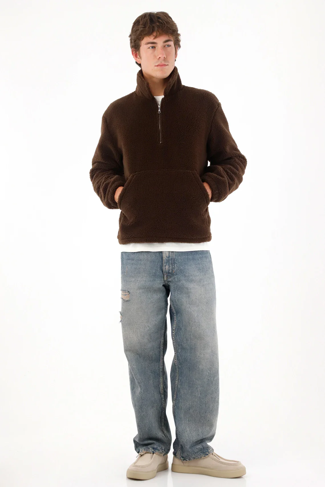 Sweatshirt in brown fleece with zipper for men - Image 2