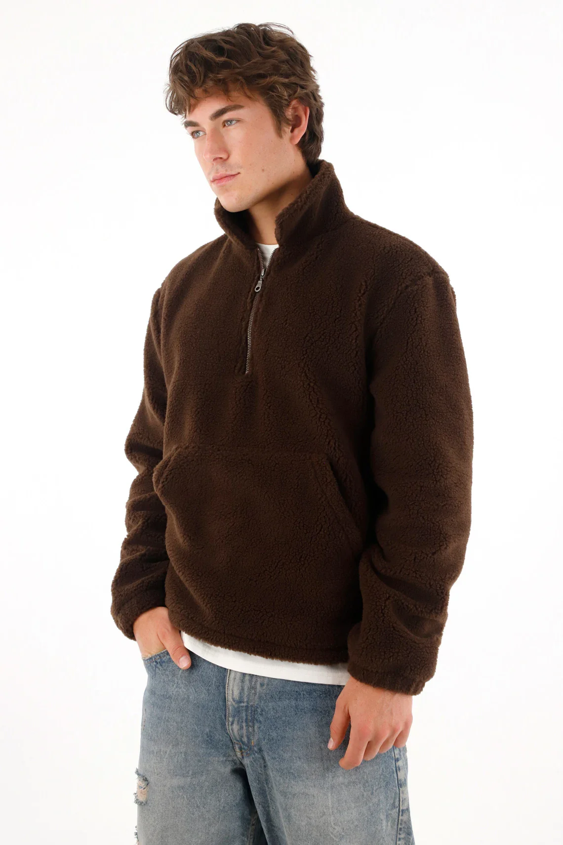 Sweatshirt in brown fleece with zipper for men - Image 3