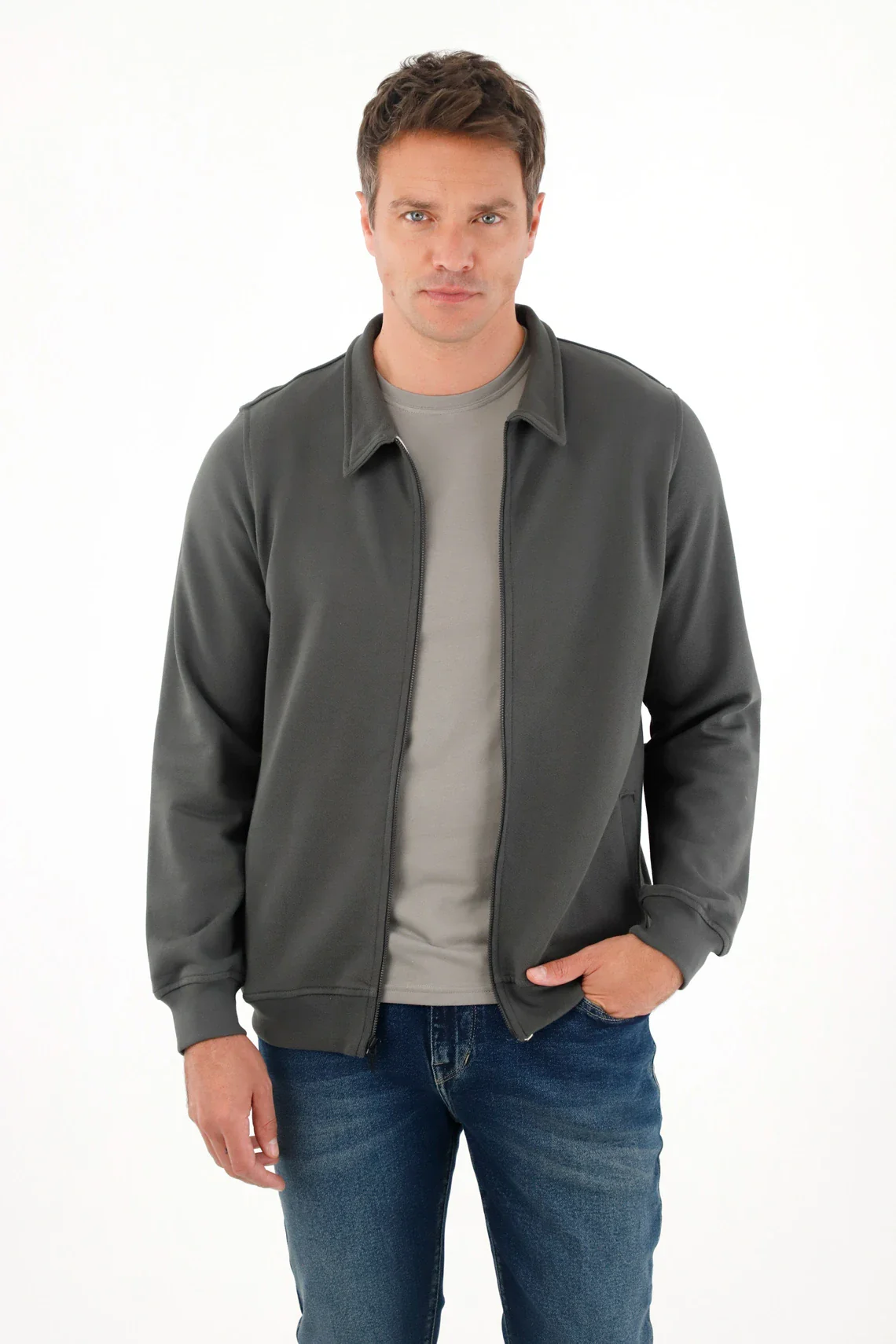 Sweatshirt for men in gray cotton regular fit with zipper