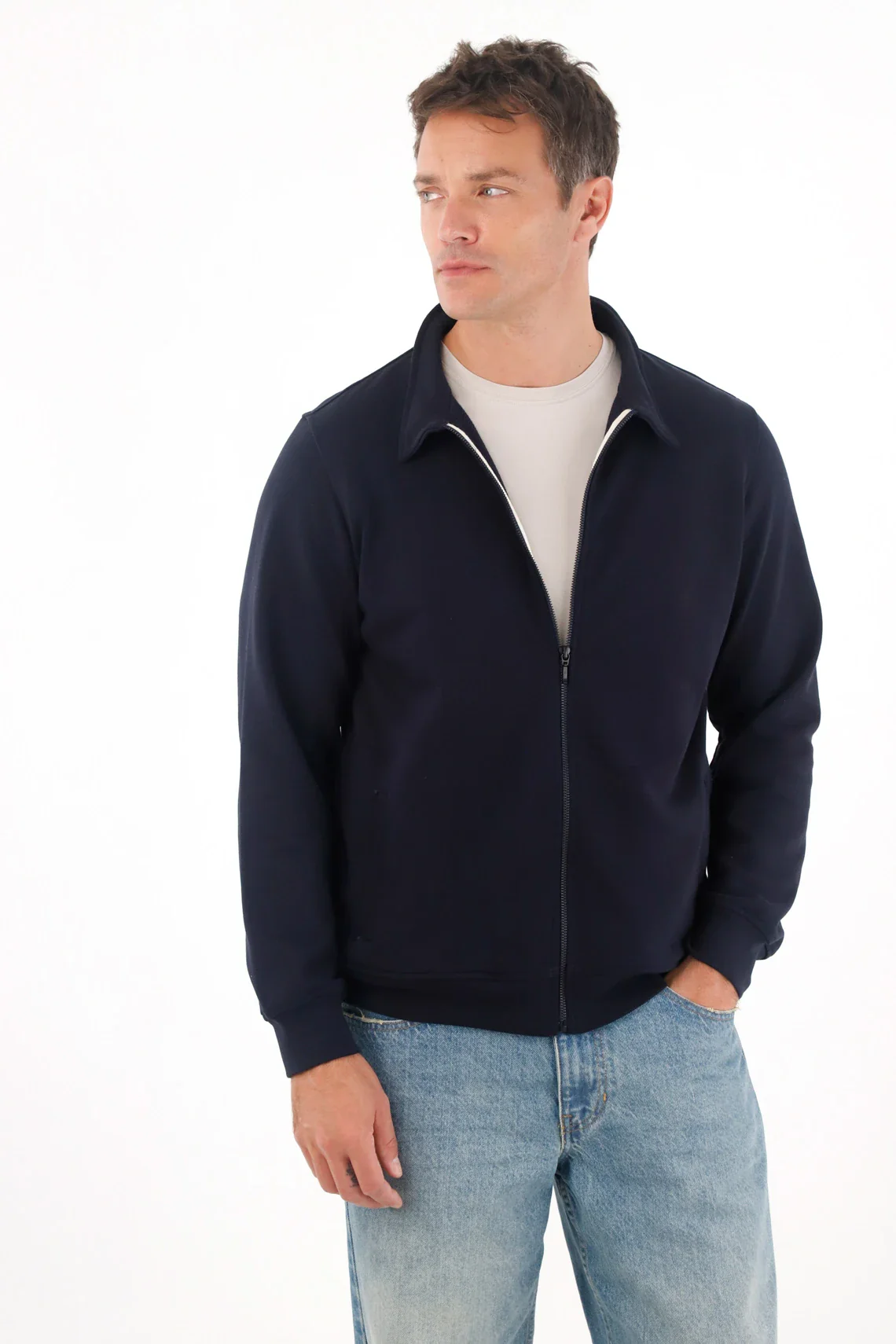 Sweatshirt for men in navy blue regular with zipper - Image 2