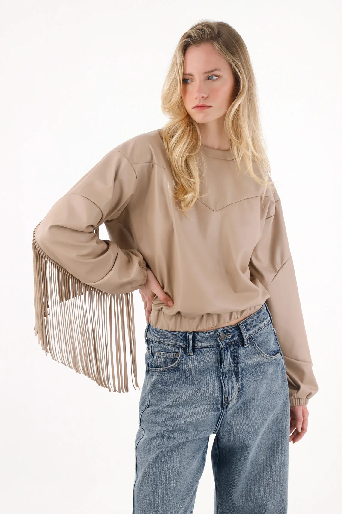 Synthetic Leather Sweatshirt with Brown Fringes for Women - Image 2