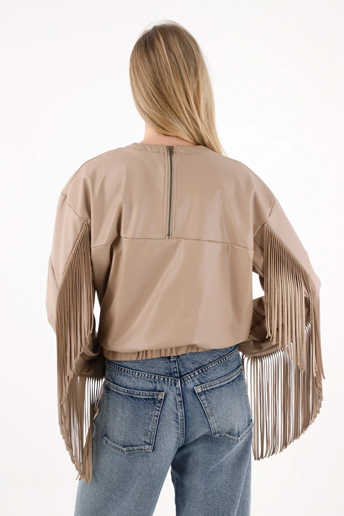 Synthetic Leather Sweatshirt with Brown Fringes for Women - Image 5