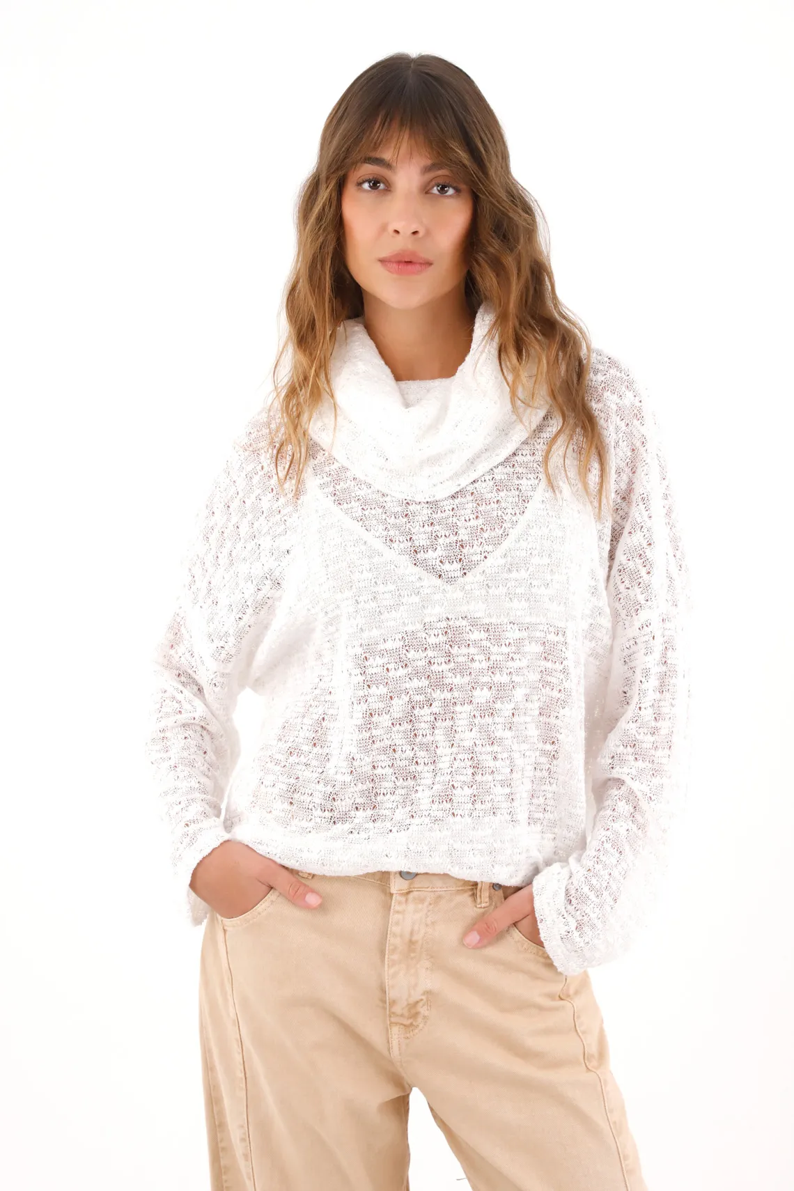 Sweatshirt in off-white woven fabric with transparency for women
