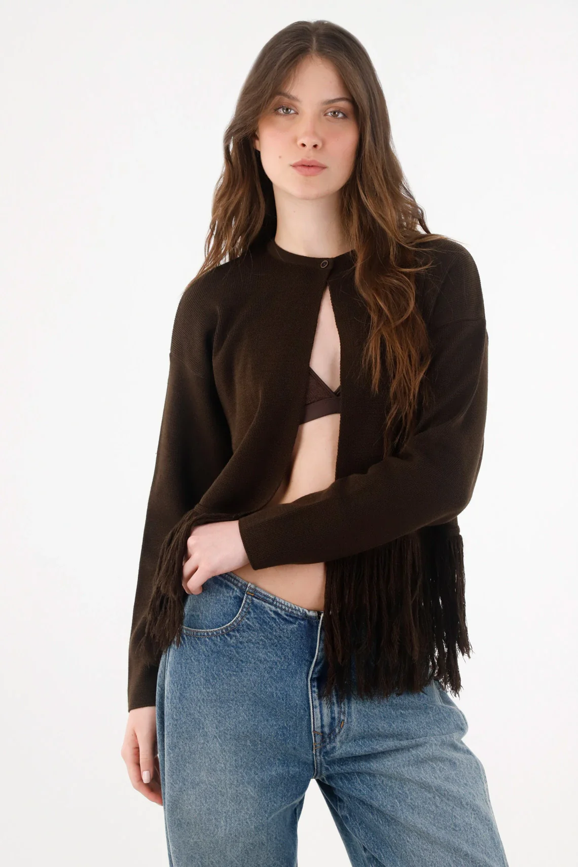 Dark Brown Knit Cardigan for Women with Fringe Hem