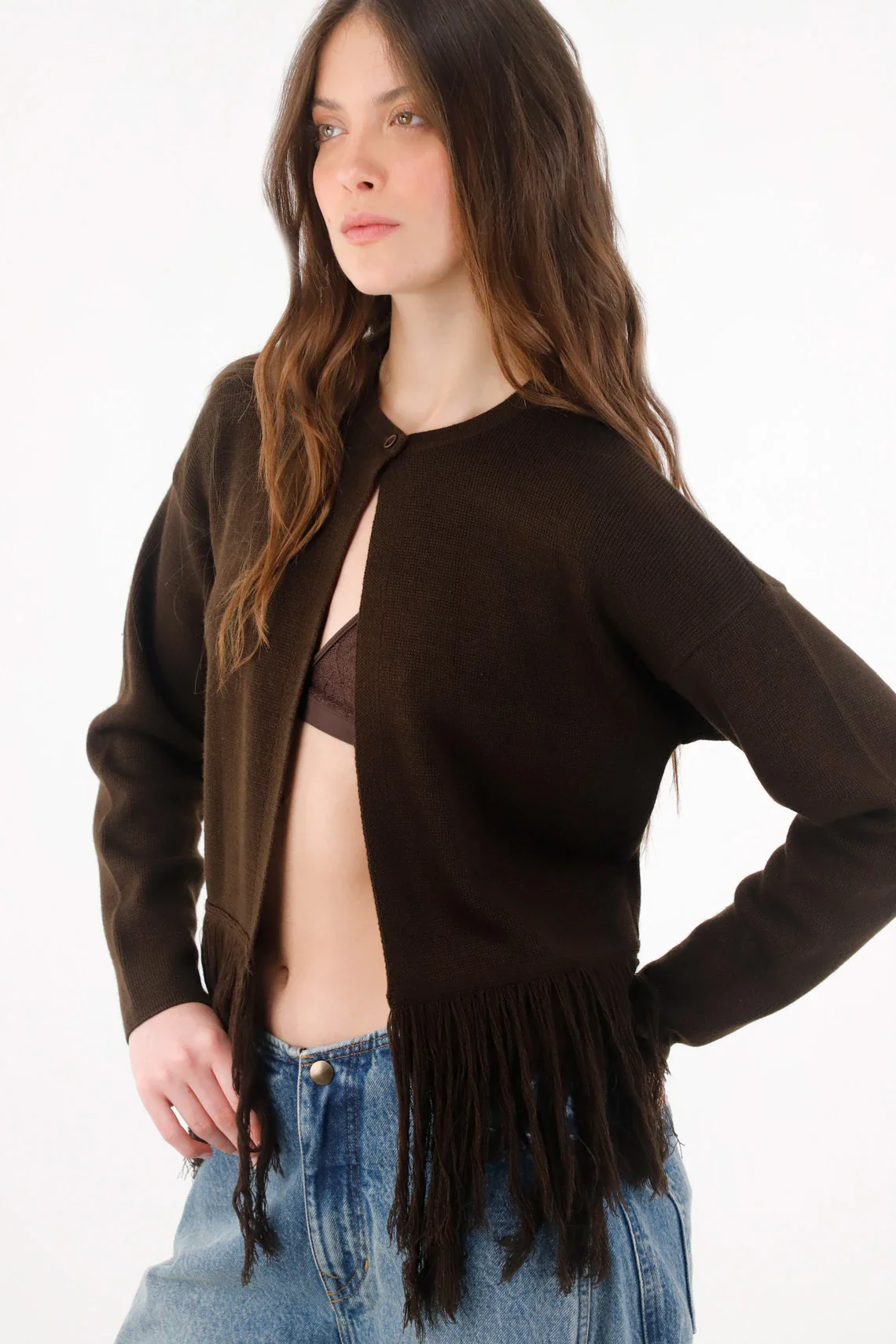Dark Brown Knit Cardigan for Women with Fringe Hem - Image 2