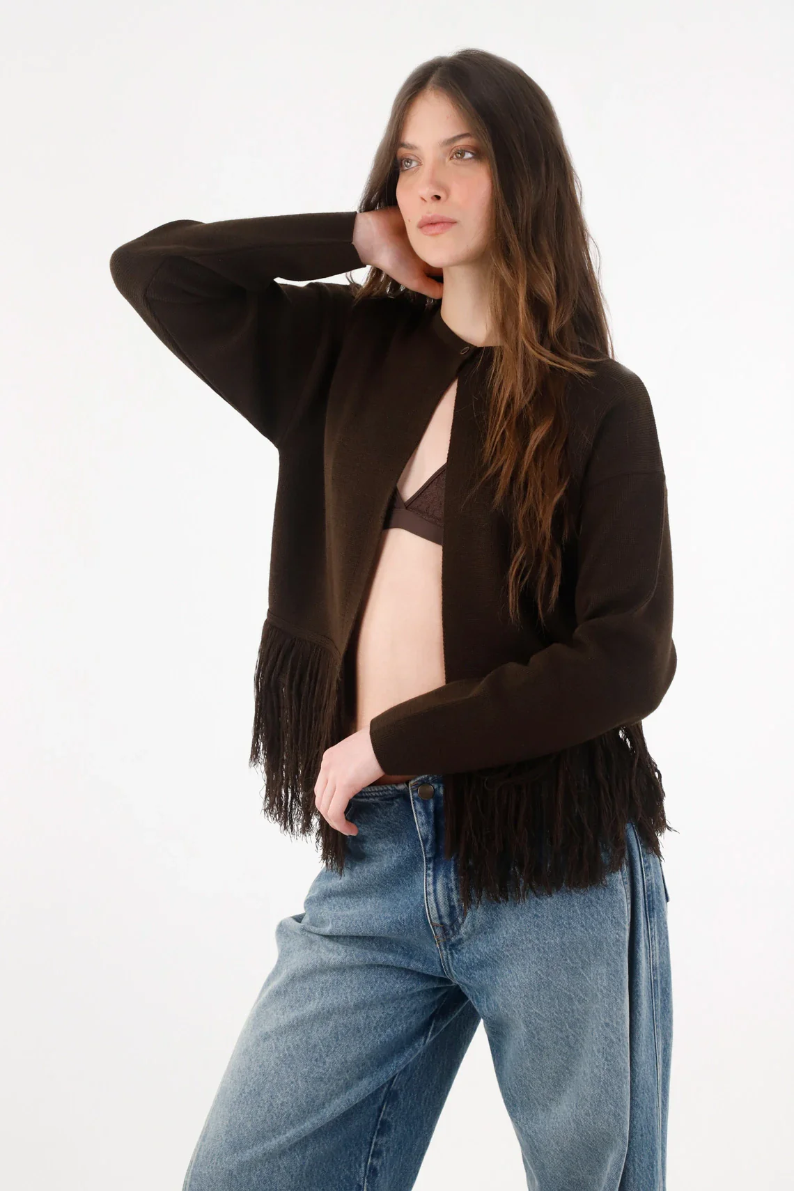 Dark Brown Knit Cardigan for Women with Fringe Hem - Image 3