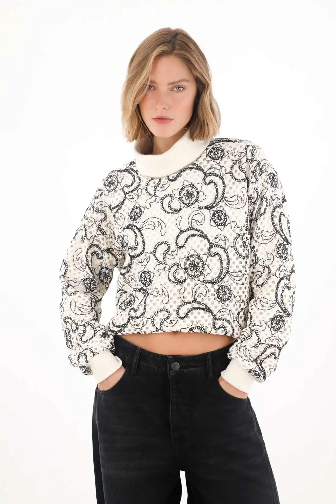 Embroidered Sweatshirt with Paisley Design for Women