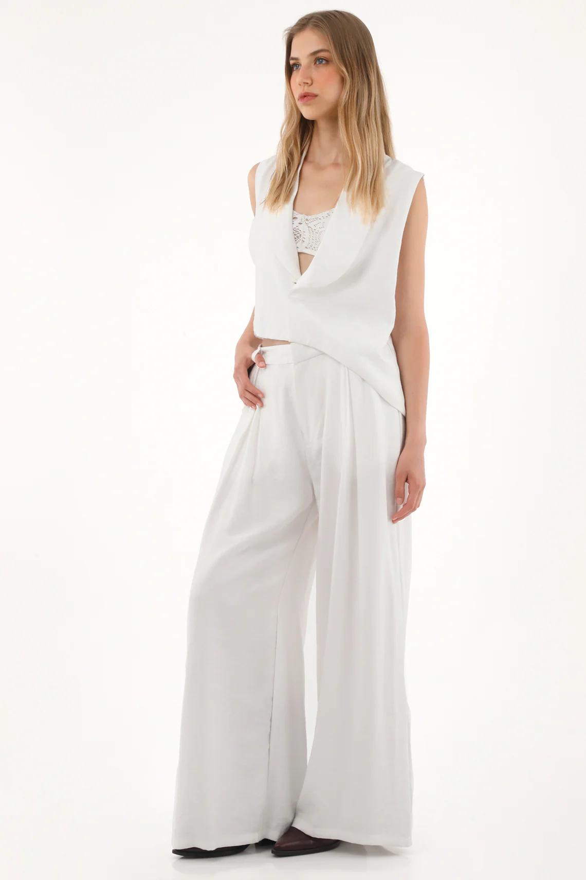 Women's Asymmetrical White Vest with Lapel