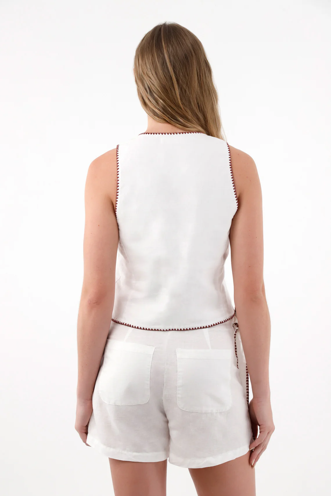 Women's White Deep V-Neck Linen Look Vest - Image 4