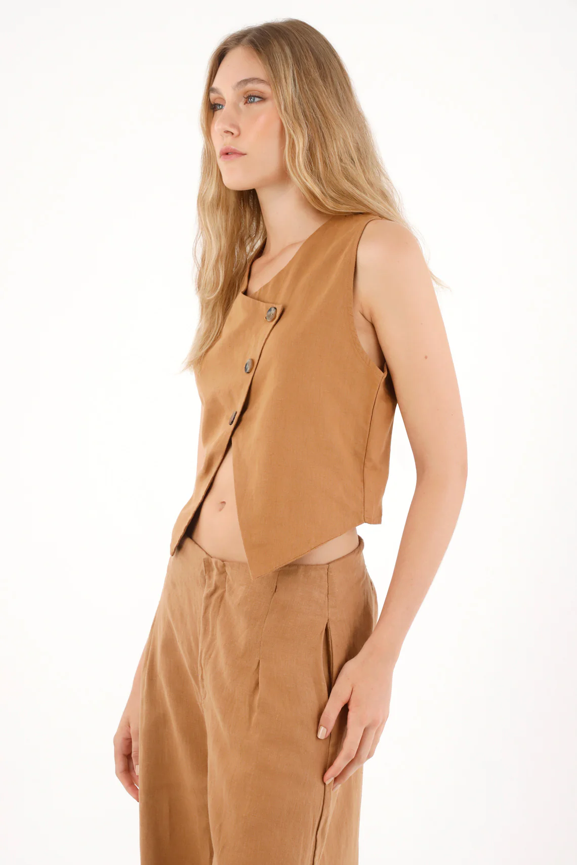 Women's 100% Linen Cross-Design Vest in Coffee