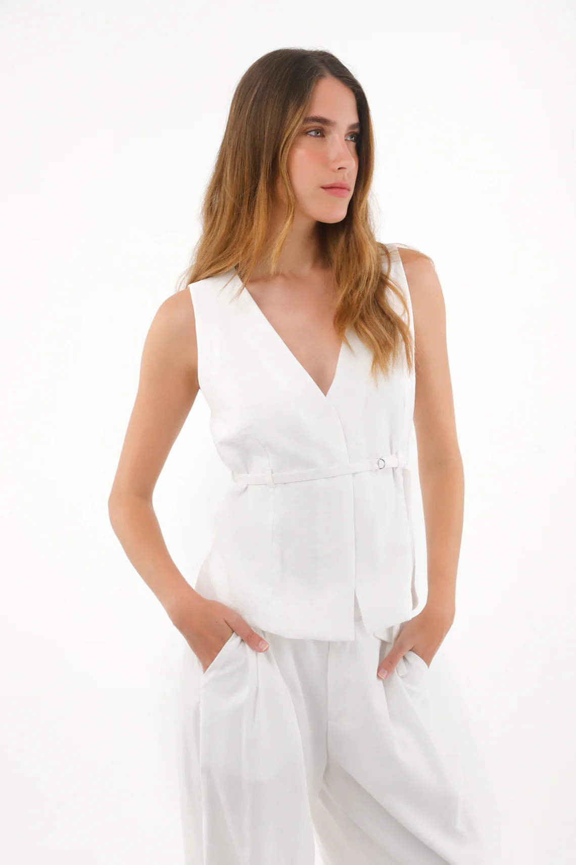 Women's Cream Waist Tie Vest