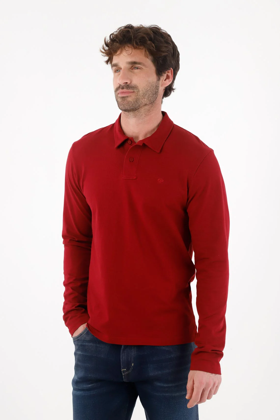 Red Long Sleeve Polo for Men - Image 3