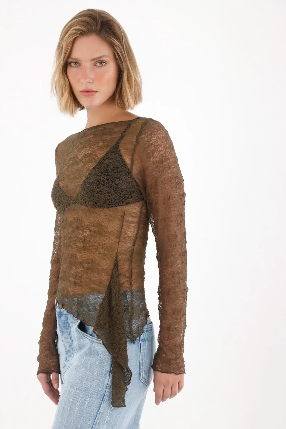 Long Sleeve T-Shirt in Green Lace Fabric for Women