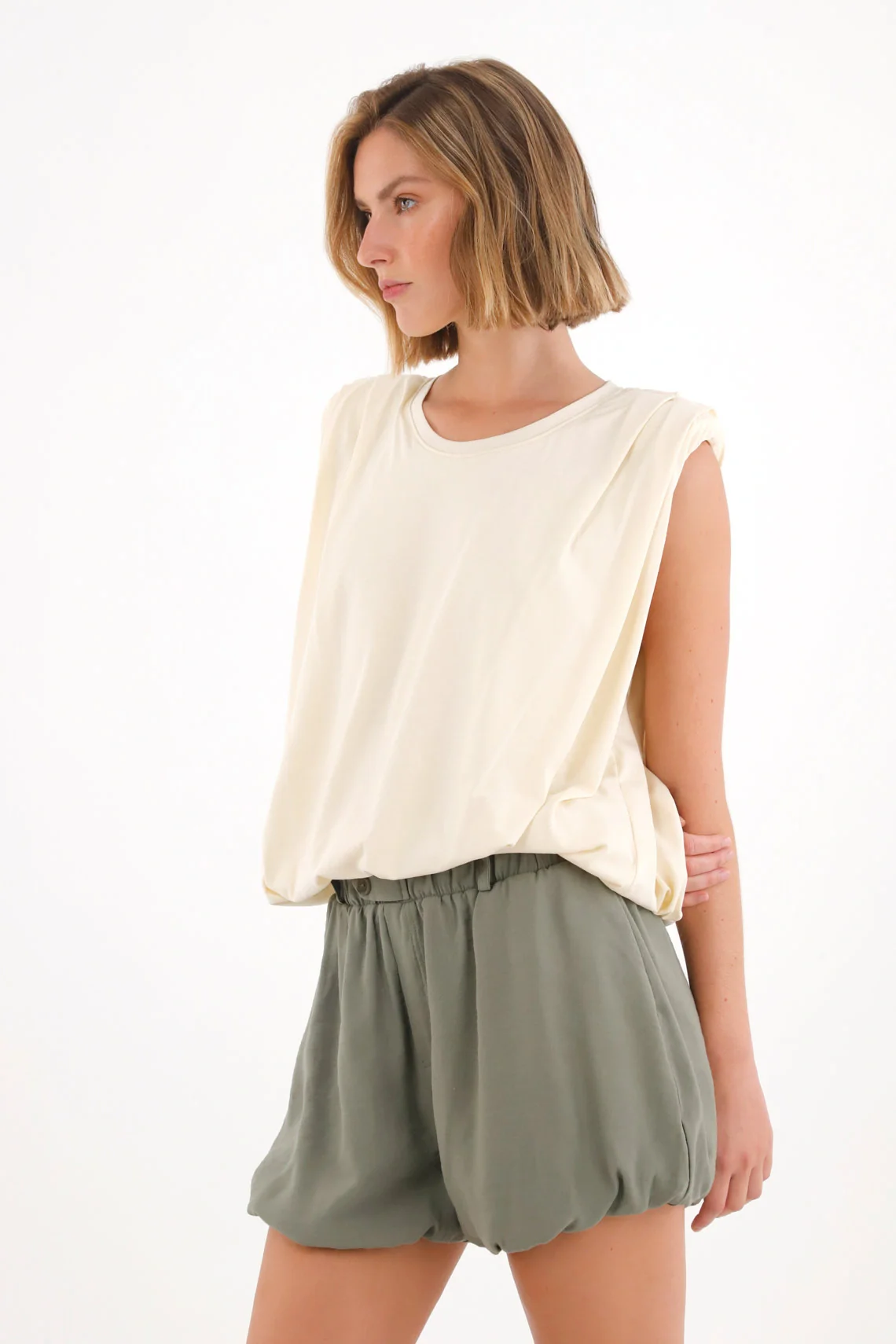 T-Shirt with Draped Shoulder Detail in Off-White for Women - Image 3