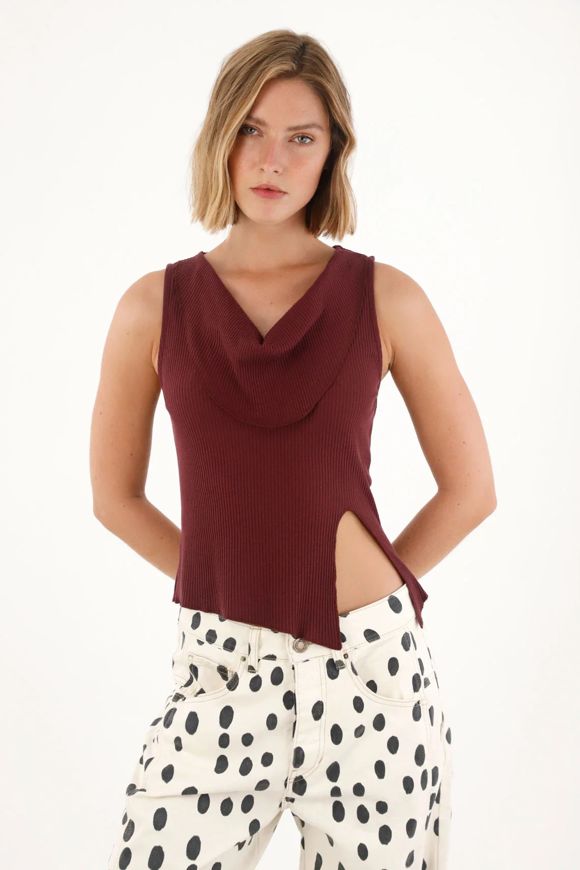 Red Draped Crew Neck T-Shirt for Women - Image 3