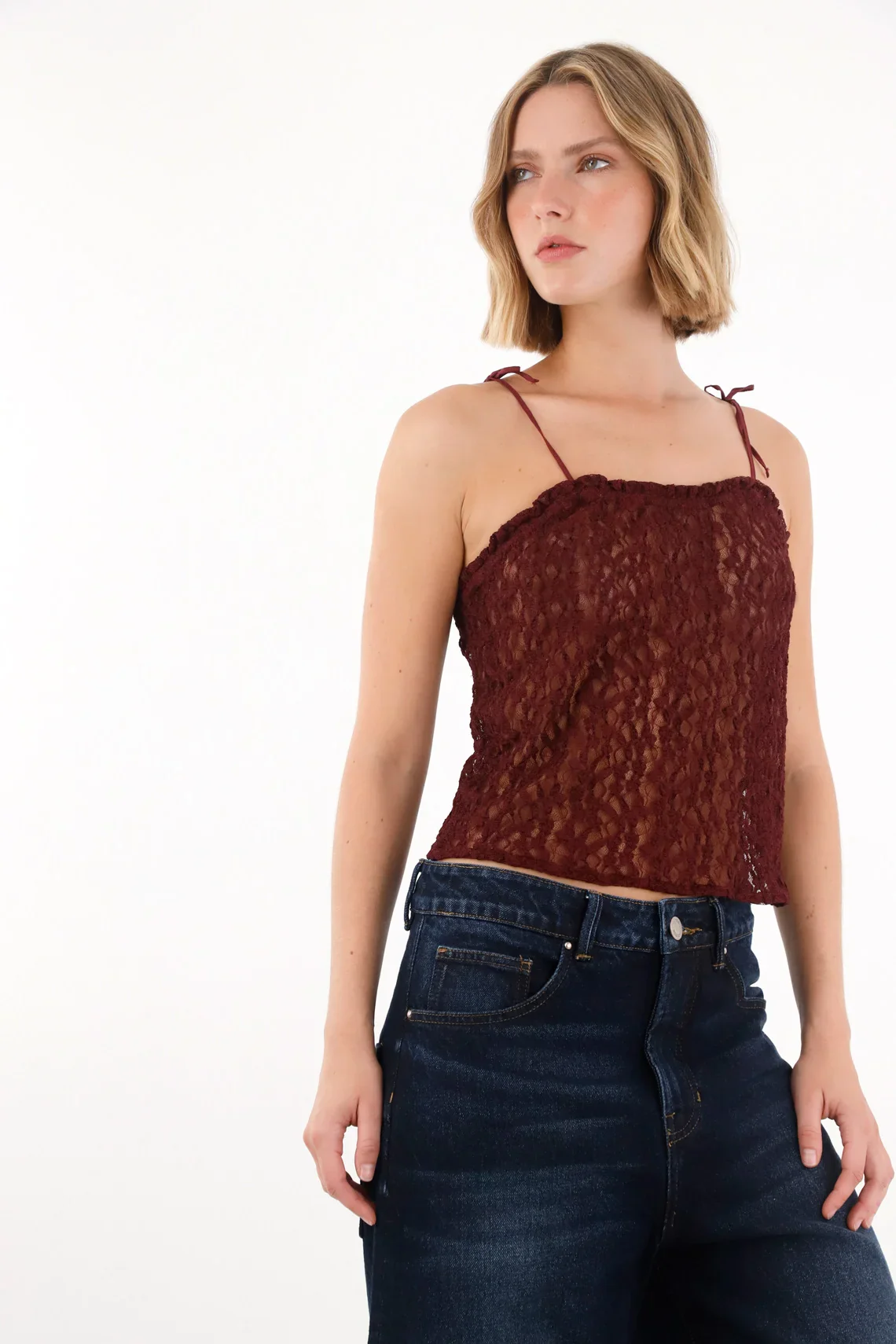 Lace Fabric T-Shirt with Red Transparency for Women - Image 3