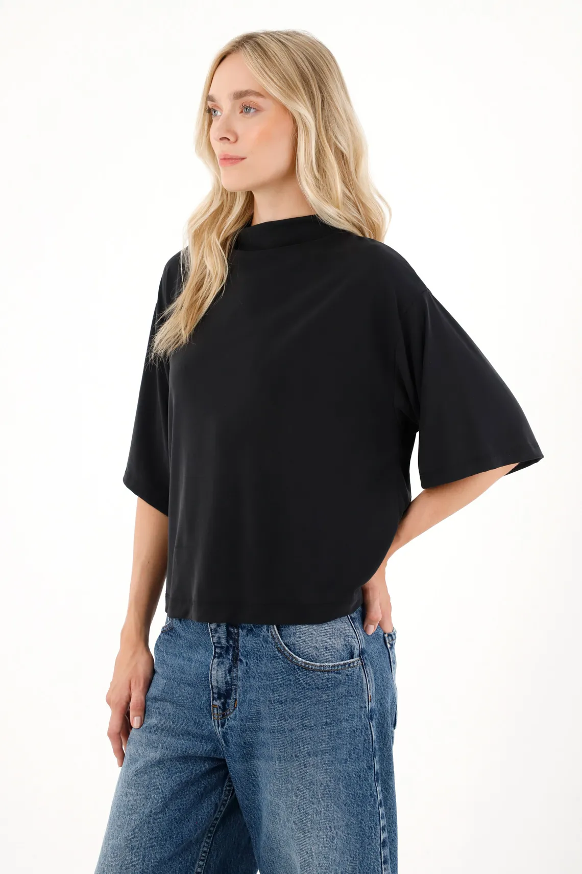 Black High Neck T-Shirt for Women - Image 2