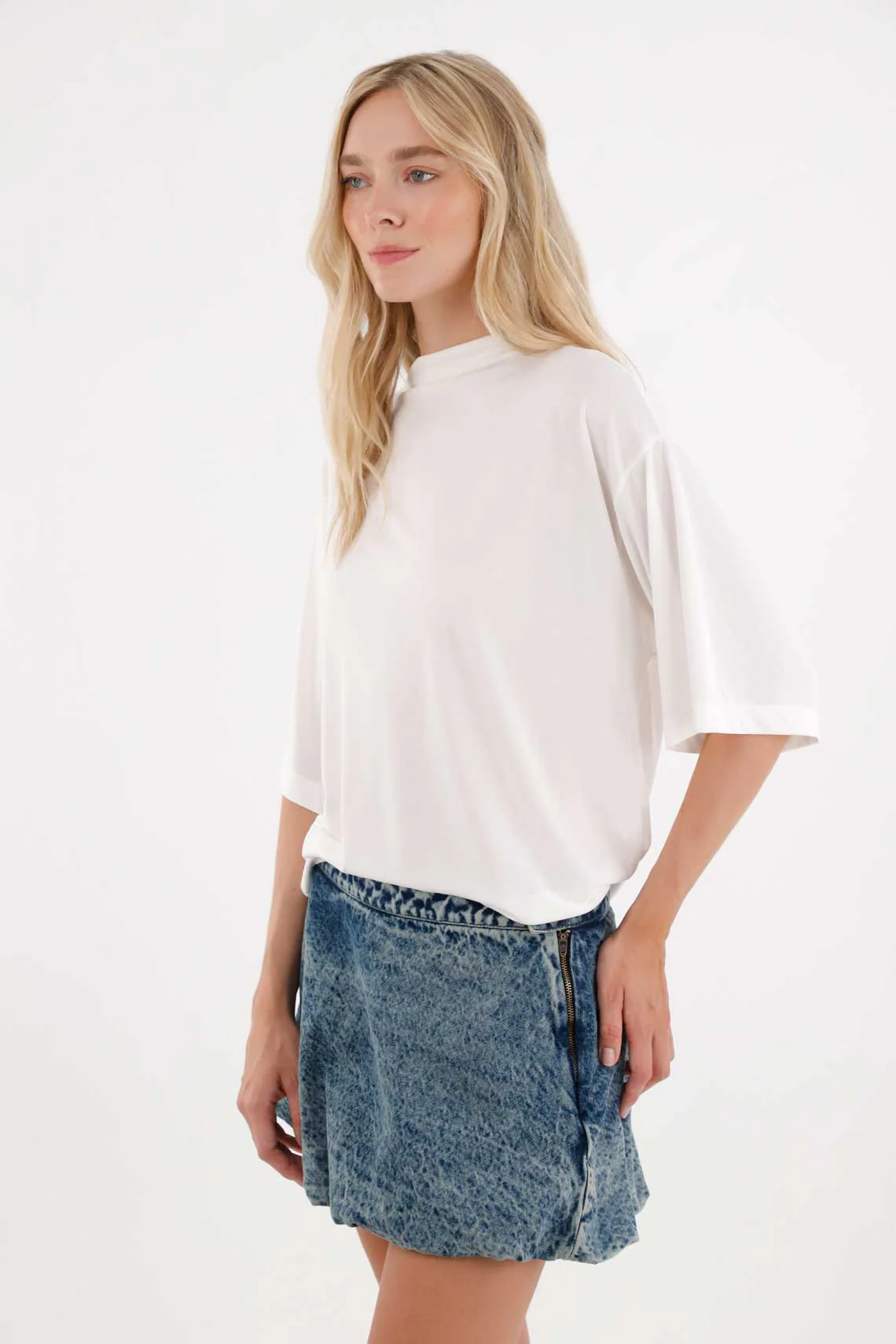 Cream High Neck T-Shirt for Women - Image 2
