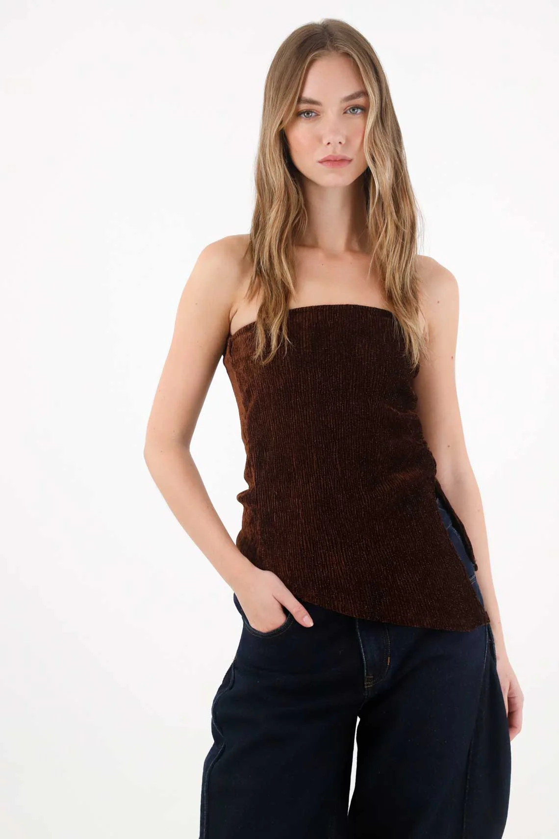 Brown Velvet Strapless Top for Women