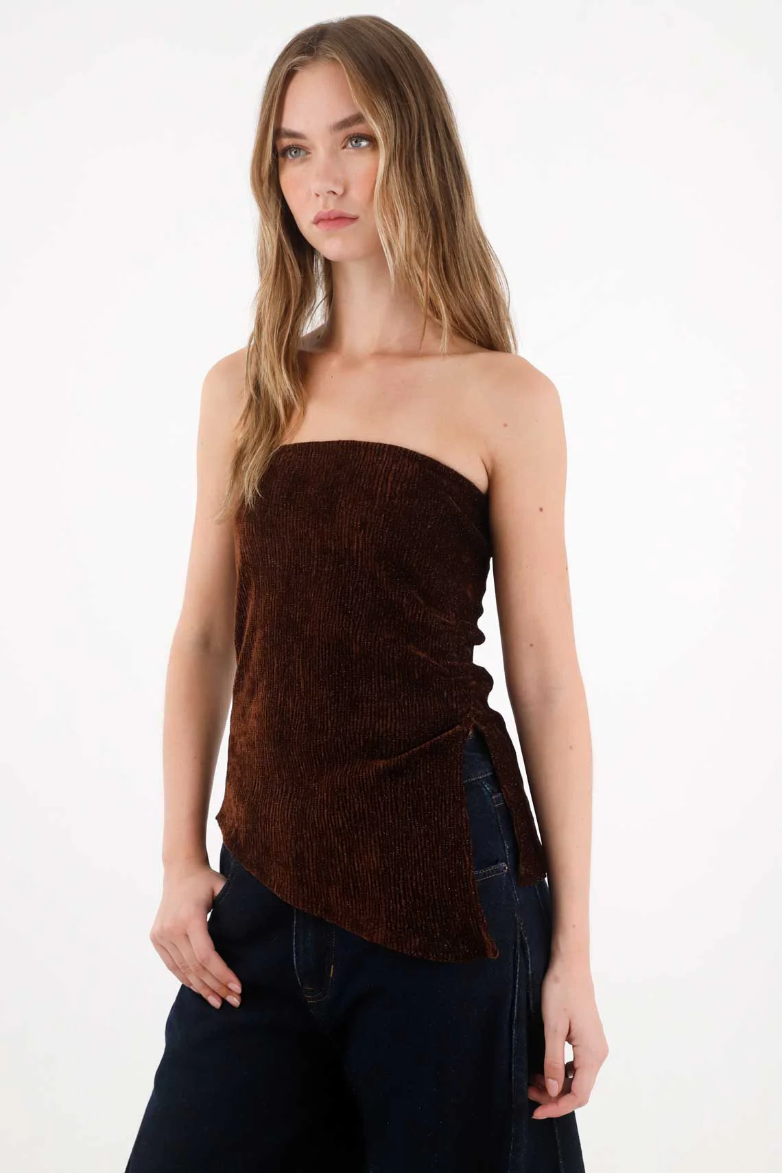 Brown Velvet Strapless Top for Women - Image 3