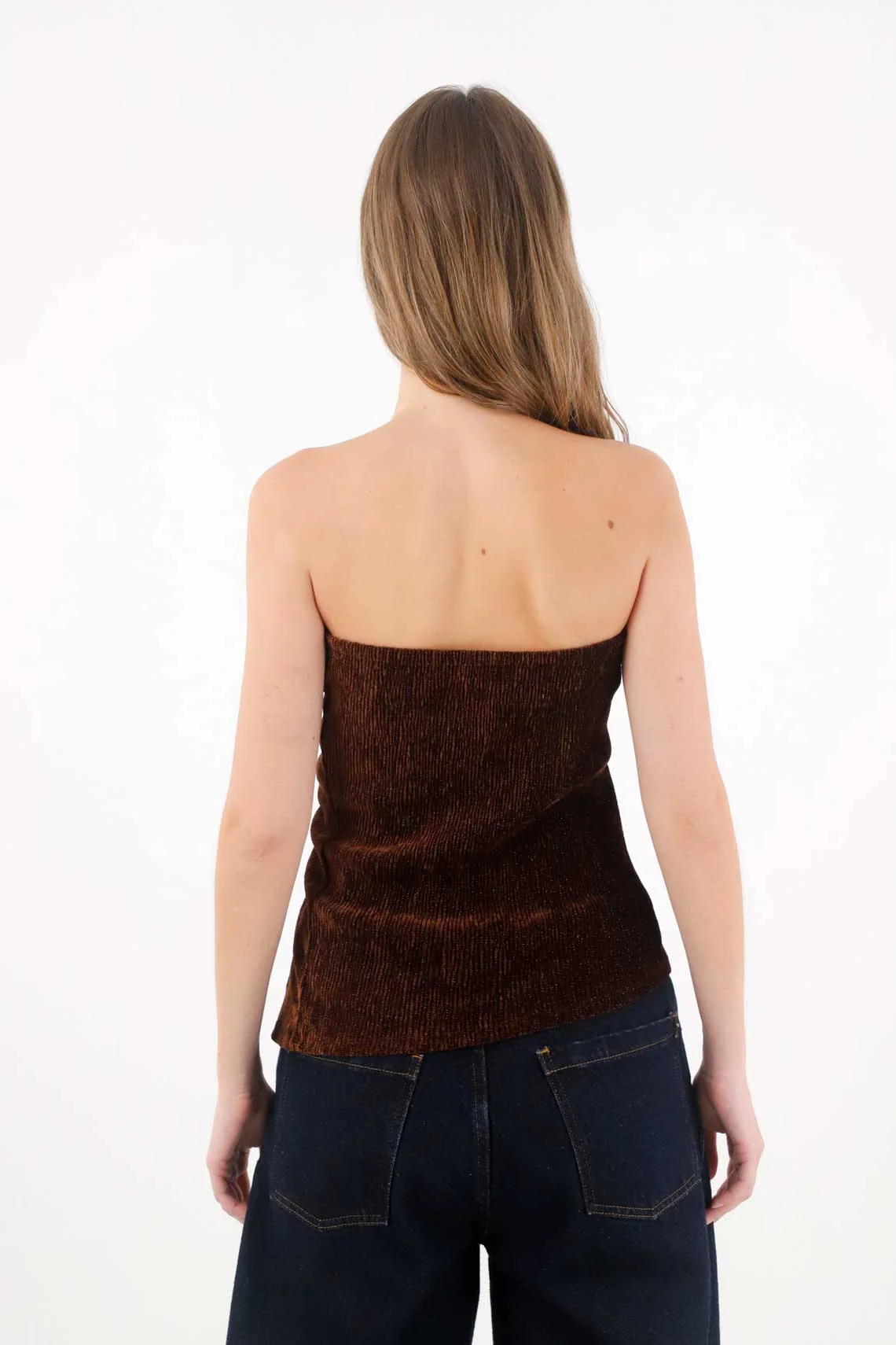Brown Velvet Strapless Top for Women - Image 4