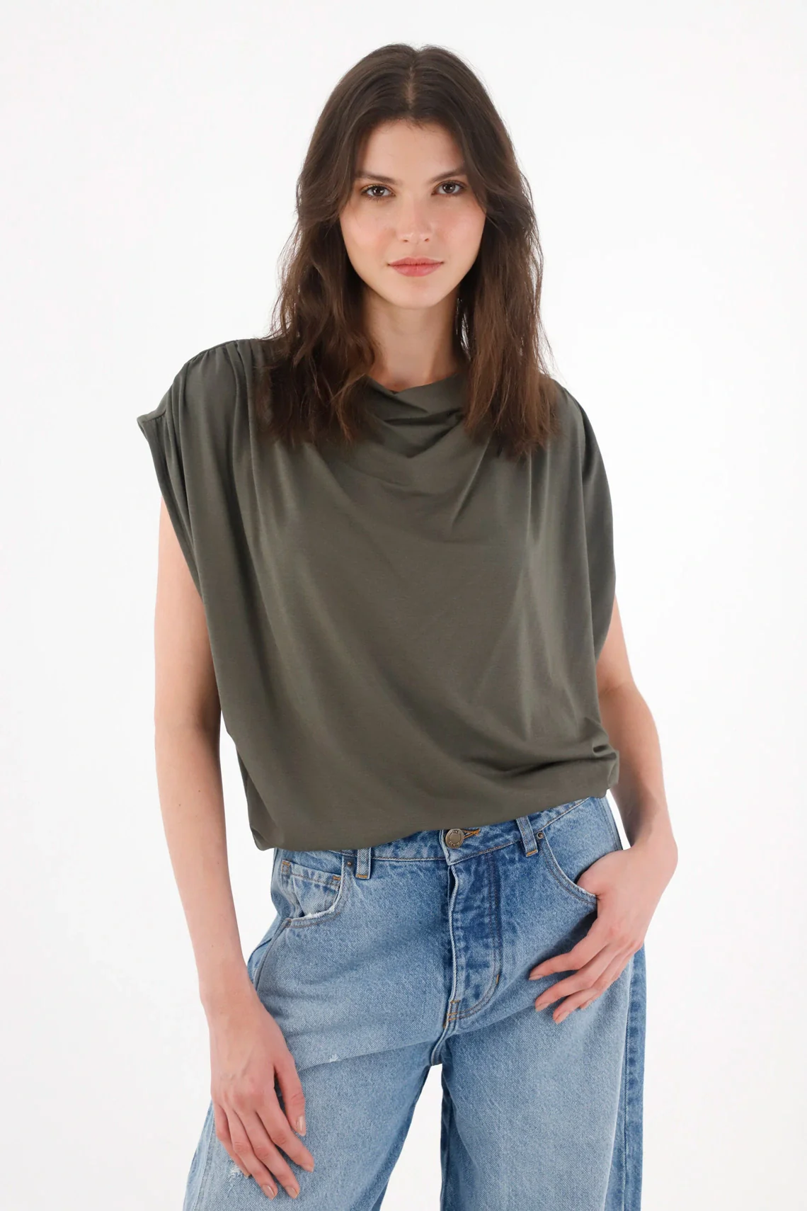 Gray Draped T-Shirt for Women - Image 2