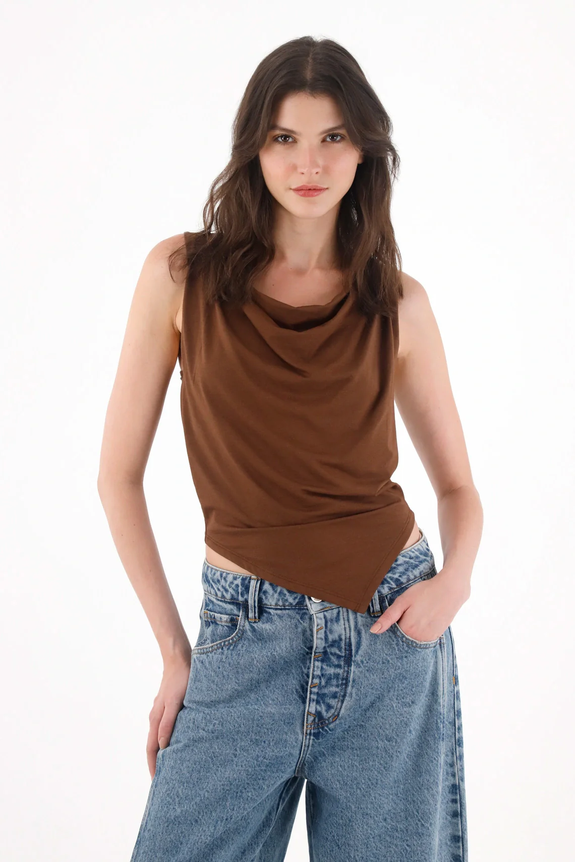 Brown Draped T-Shirt for Women