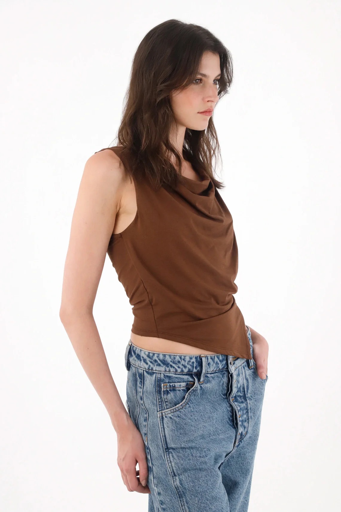 Brown Draped T-Shirt for Women - Image 2