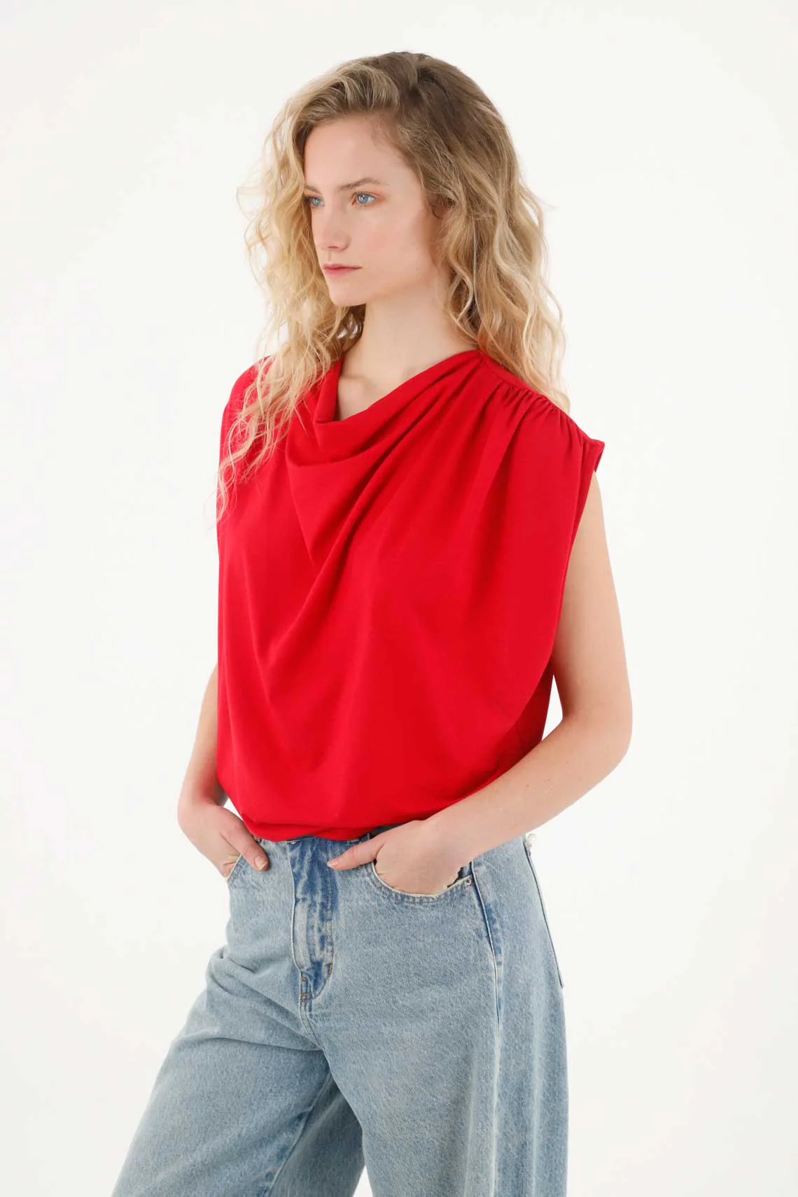 Red Draped T-Shirt for Women - Image 2