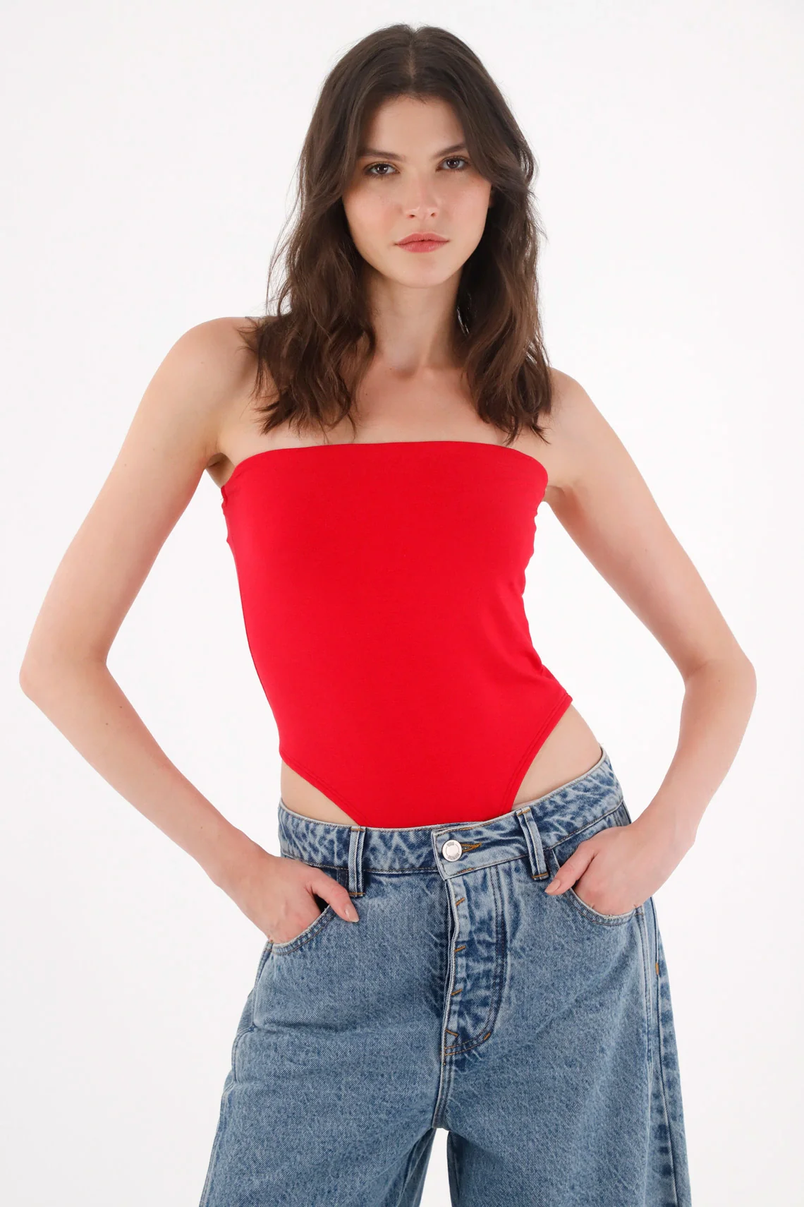 Red Strapless Bodysuit for Women