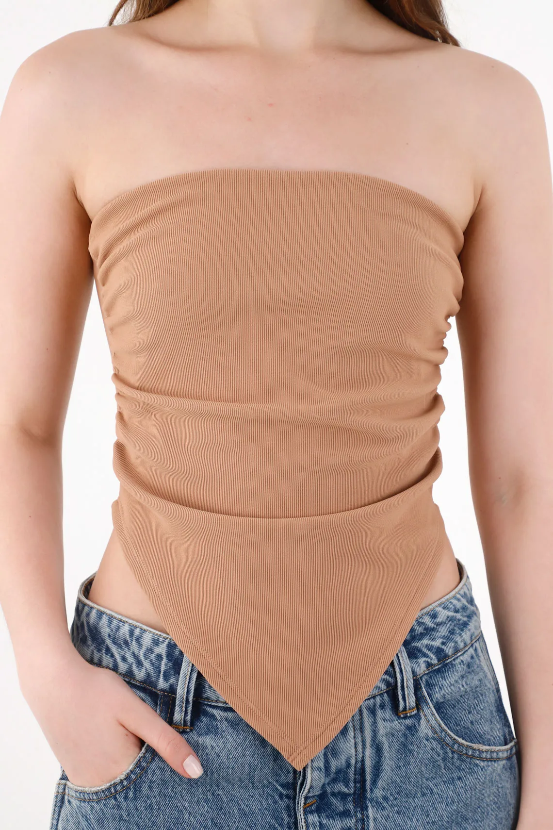 Strapless top for women in sand polyester with tie hem - Image 3