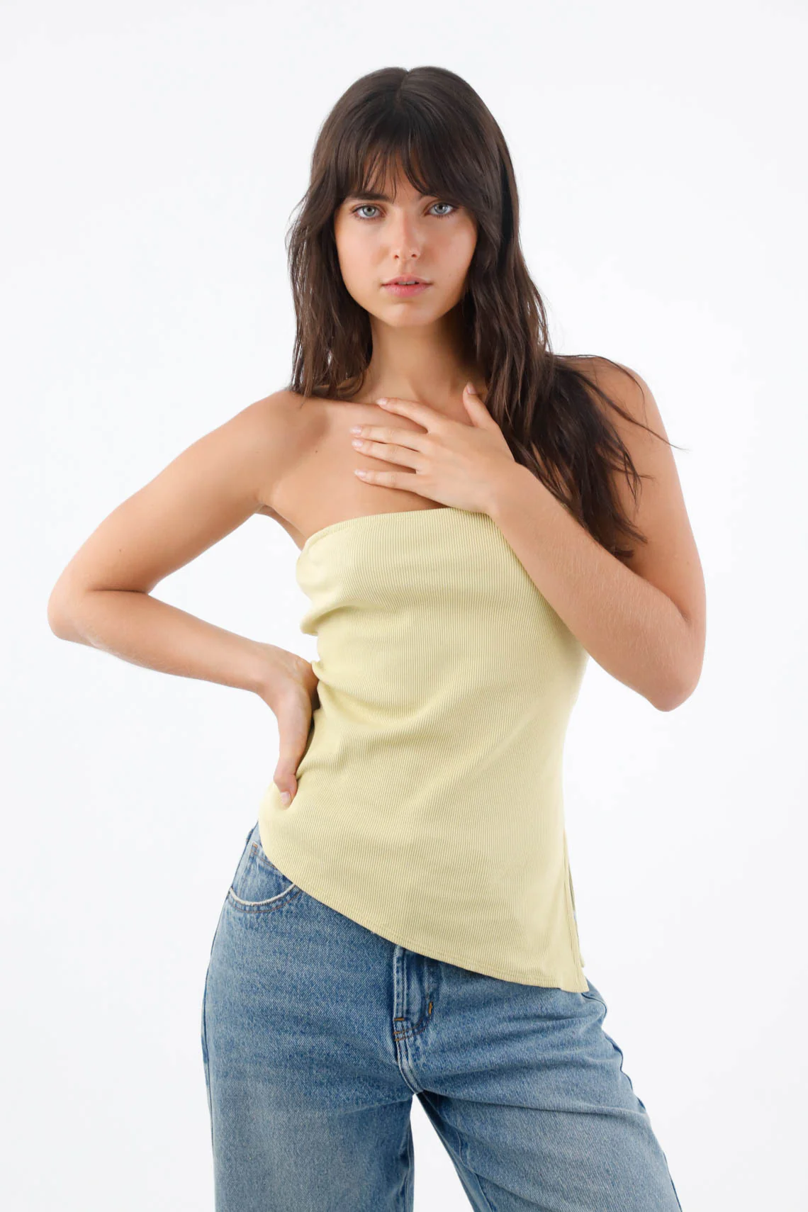 Pastel Yellow Cotton Strapless Top for Women with Fitted Ribbed Fabric