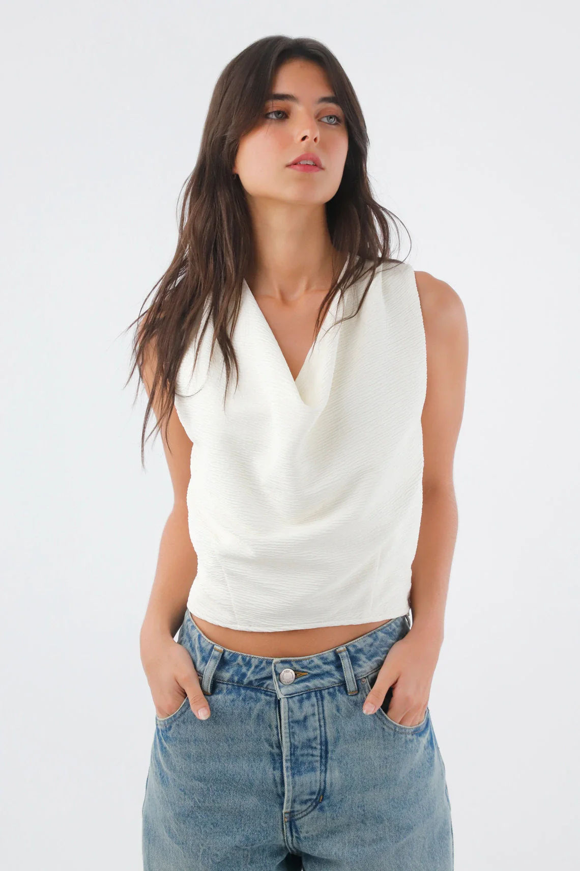 Women’s White Short Draped Neck Top in Polyester