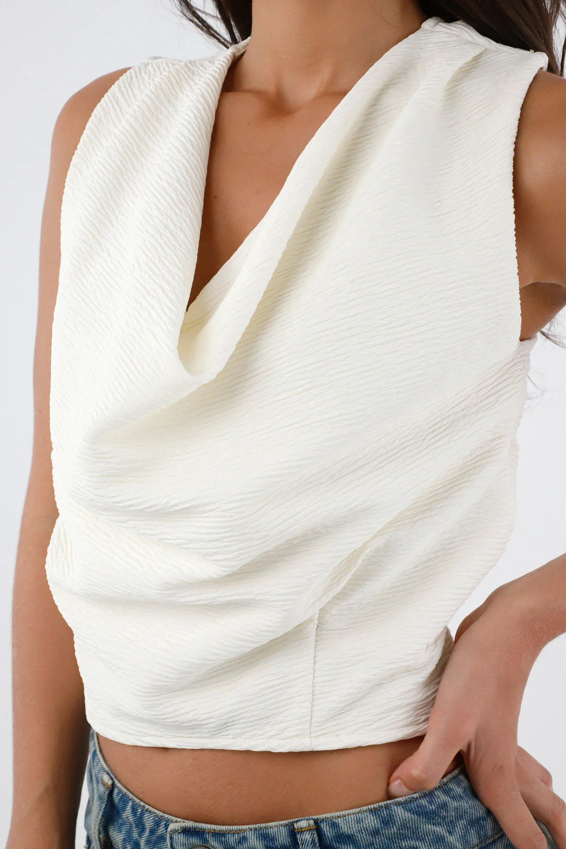 Women’s White Short Draped Neck Top in Polyester - Image 3