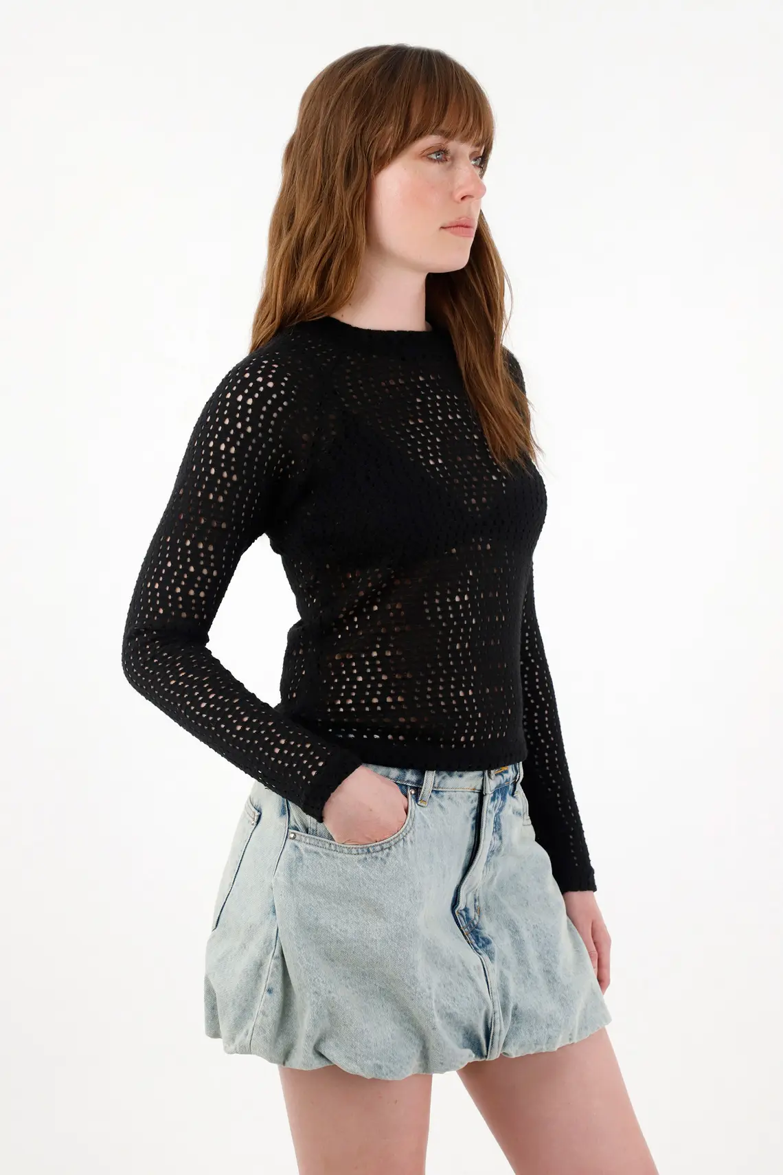 Black High Neck Knit T-Shirt for Women - Image 2